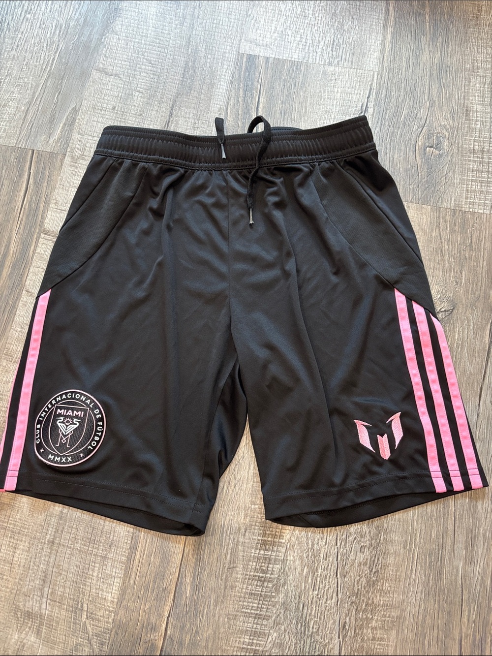 adidas Men's Black InterMiami Athletic Shorts with Pink Stripes and Messi